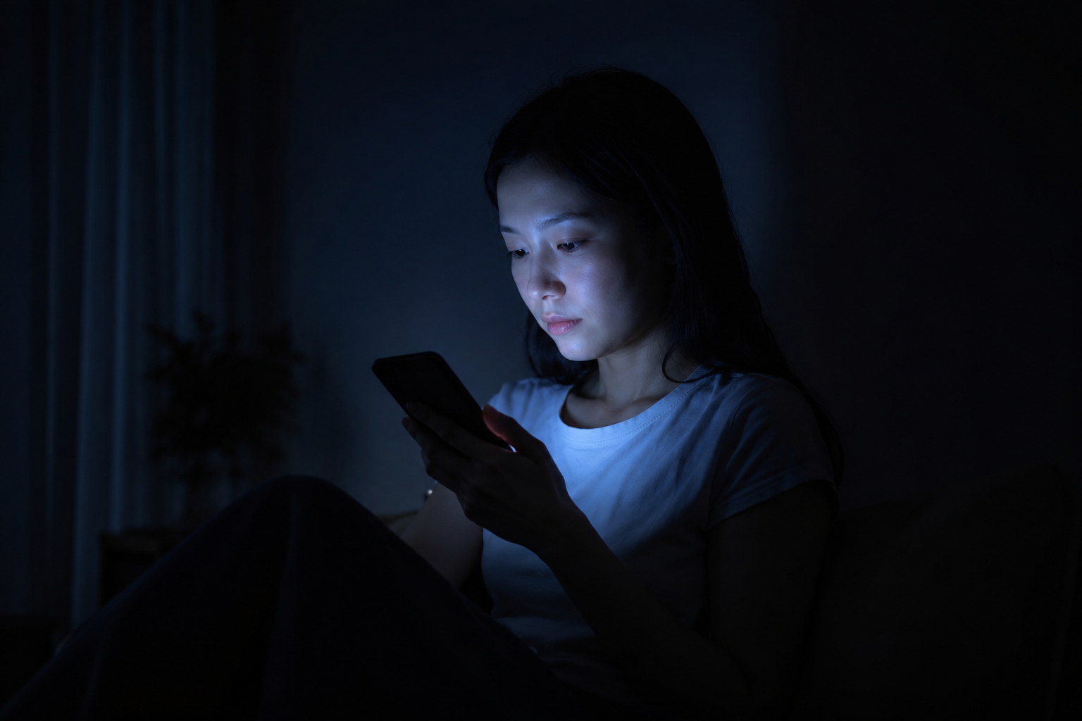 夜、暗い部屋でスマートフォンの青白い光だけを頼りに、手元を見つめる様子
